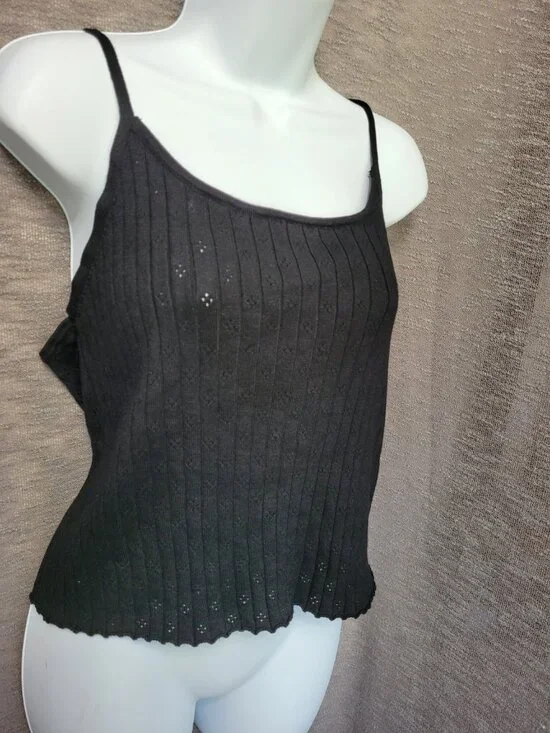 VTG Y2K Tank Top Black Eyelet Womens Jrs XL Cropped Fairy Grunge Gothic Stretch - Picture 13 of 15
